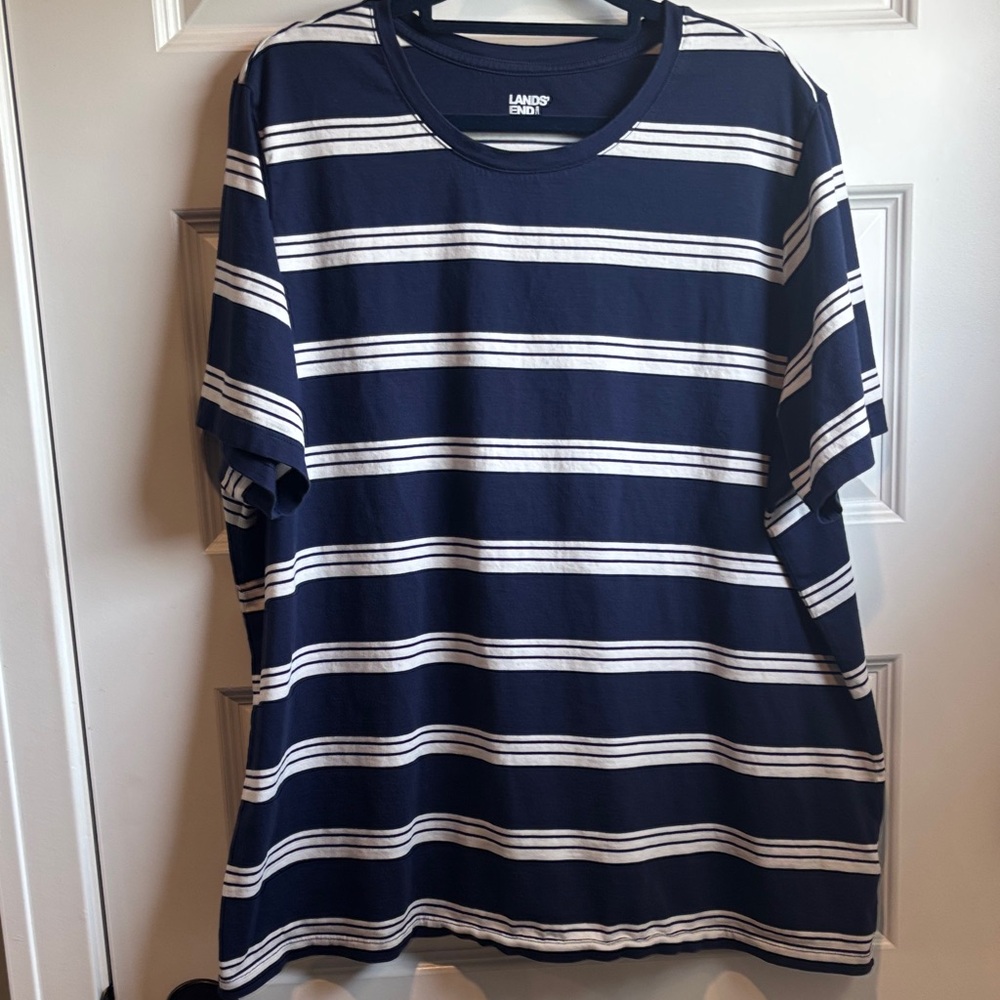 Lands' End Women's Navy and White Striped Short Sleeve Tee